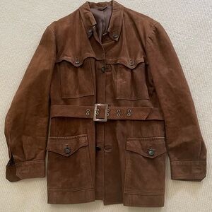 Vintage Men’s Brown Suede Leather Jacket With Belt Size M
